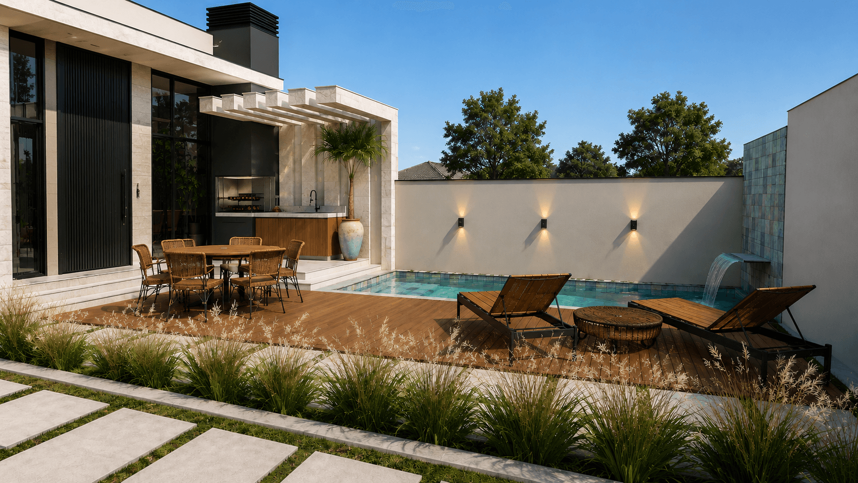 Área de lazer com piscina de uma casa Jastelo